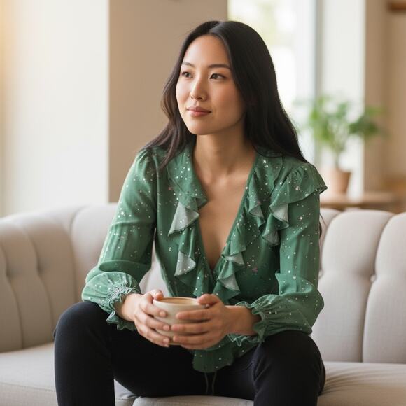 NWT Preen By Thornton Bregazzi Women's Paloma Wrap Top Long Sleeve Green XS Boho - Picture 2 of 15